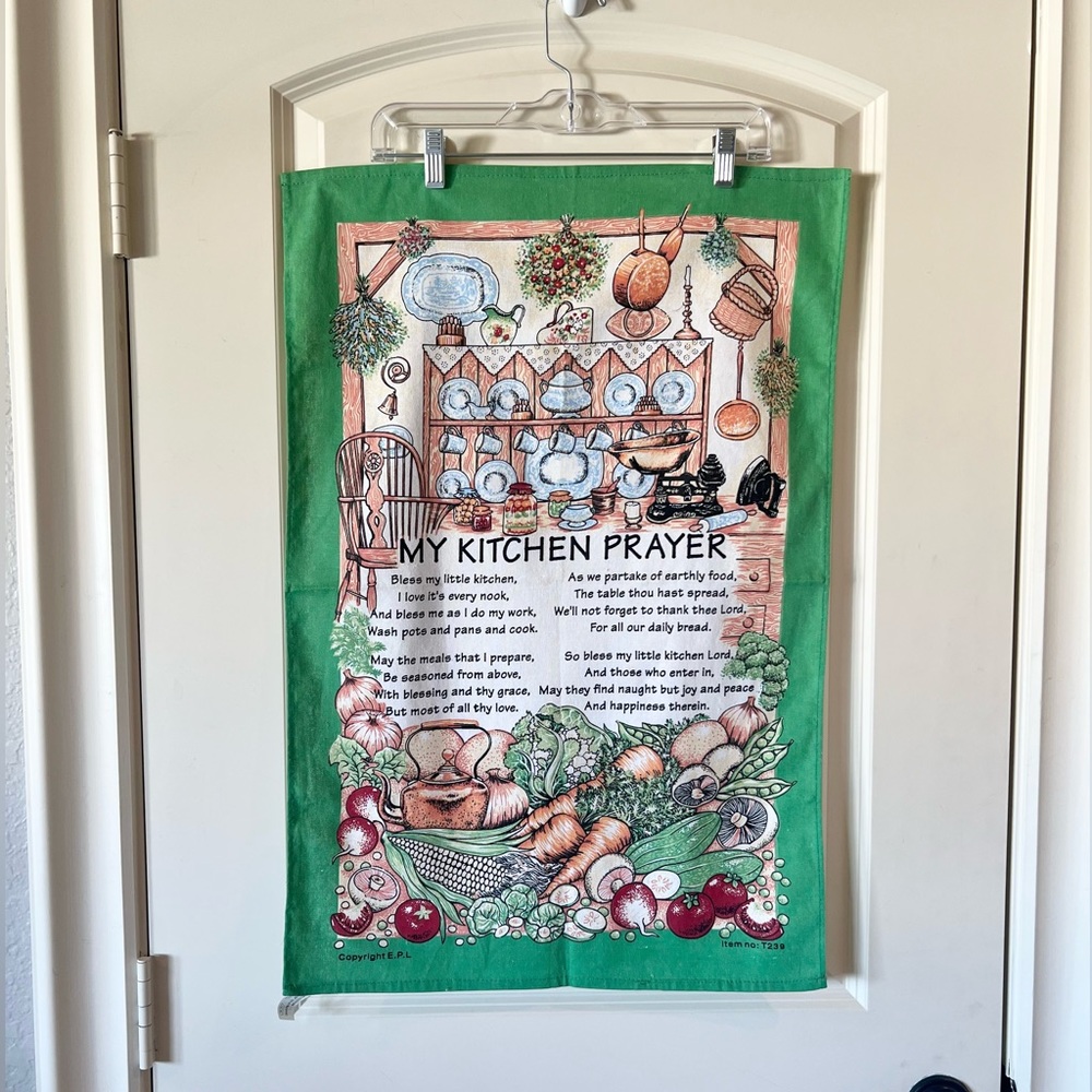 Vintage Kitchen Prayer Tea Towel - Green Cotton Farmhouse Cottagecore Wall Decor